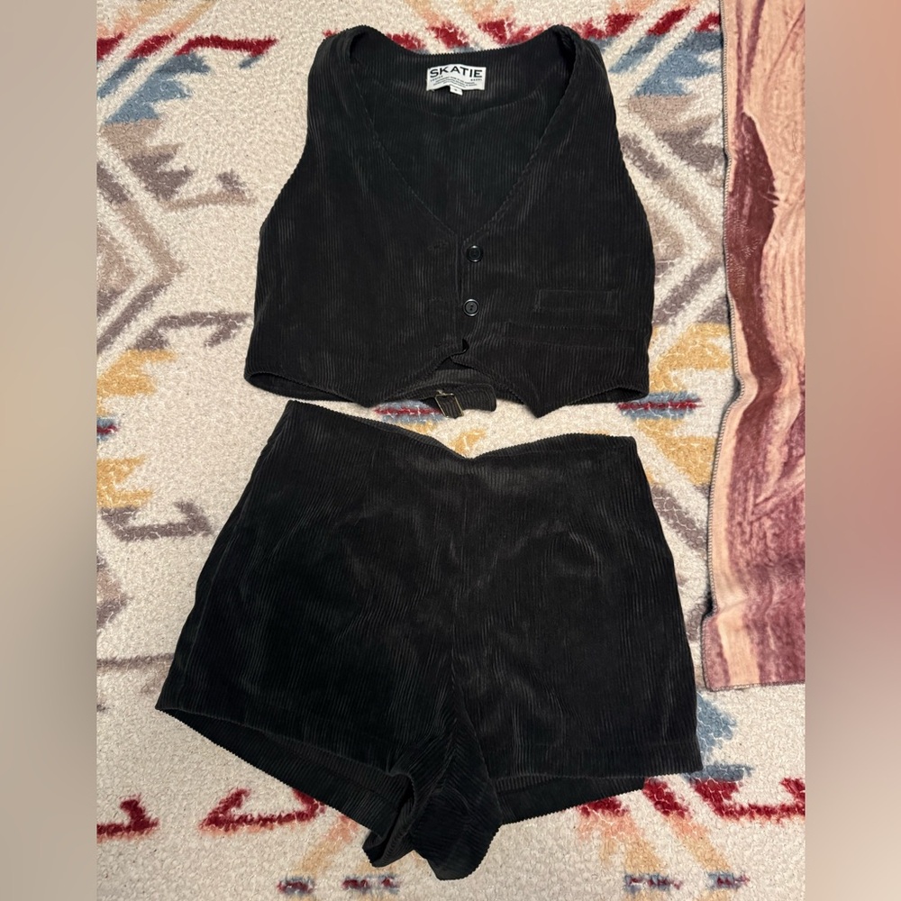 Skatie Black Corduroy Vest and High-Waist Shorts Set